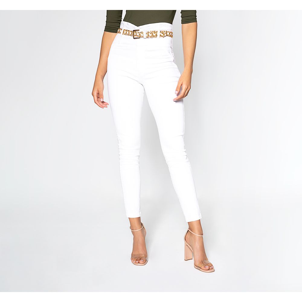 Jean Skinny Tiro Alto Pretina Con Detall