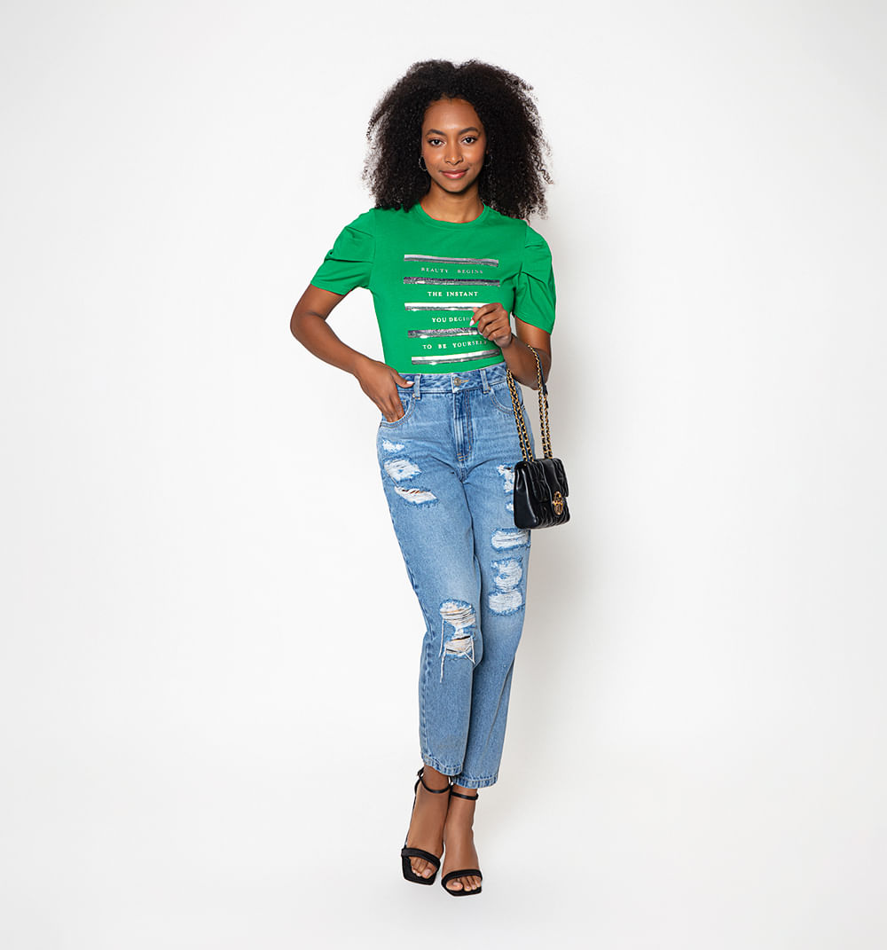 Jeans Boyfriend Tiro Alto Con Parches Y