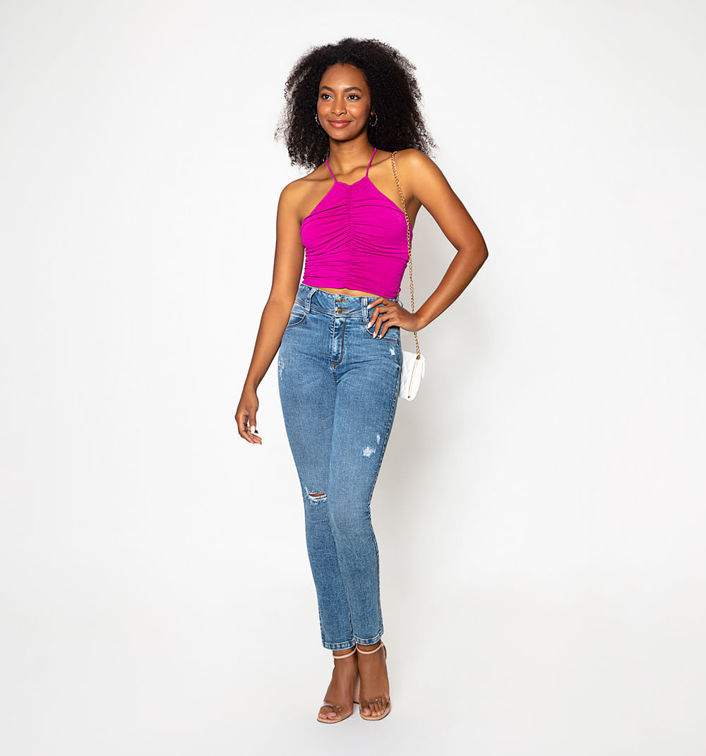 Jean Skinny Tiro Alto, Pretina Dos Boton