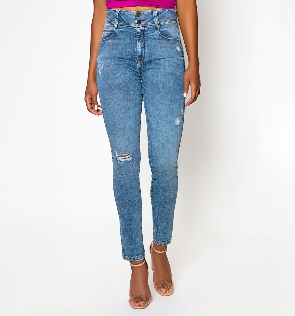 Jean Skinny Tiro Alto, Pretina Dos Boton