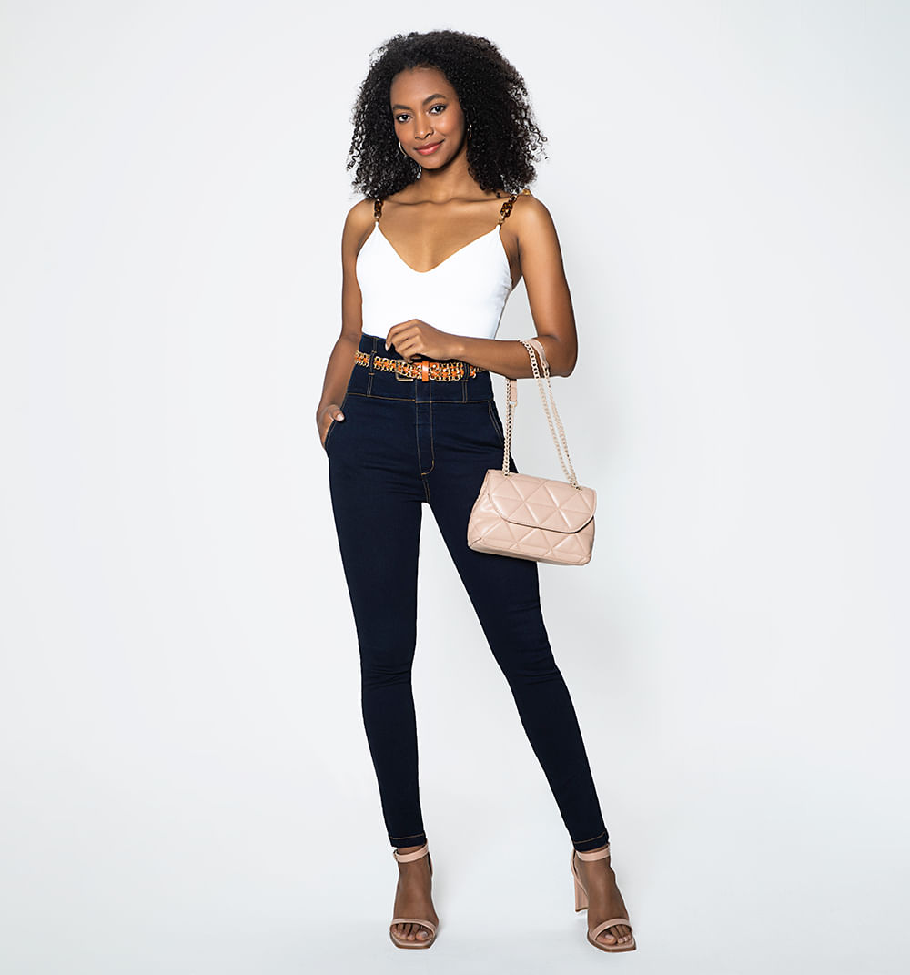 Jean Skinny Tiro Alto Pretina Con Detall
