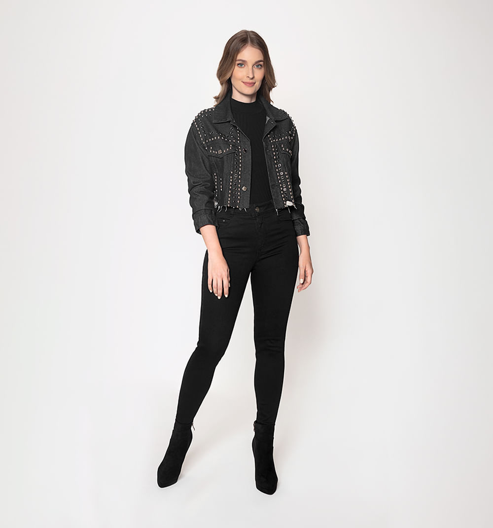 Chamarra Denim Negra Con Taches