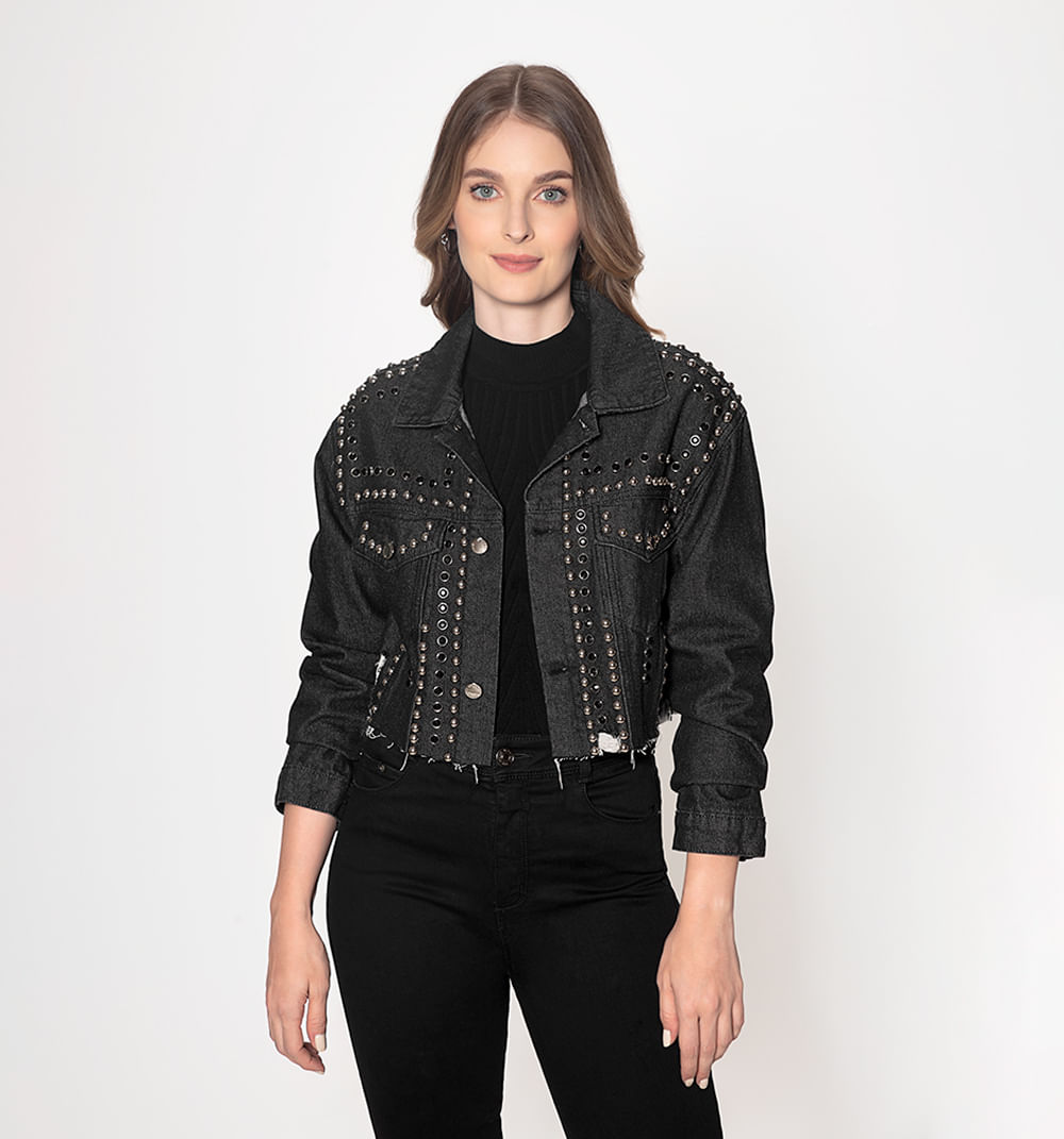 Chamarra Denim Negra Con Taches