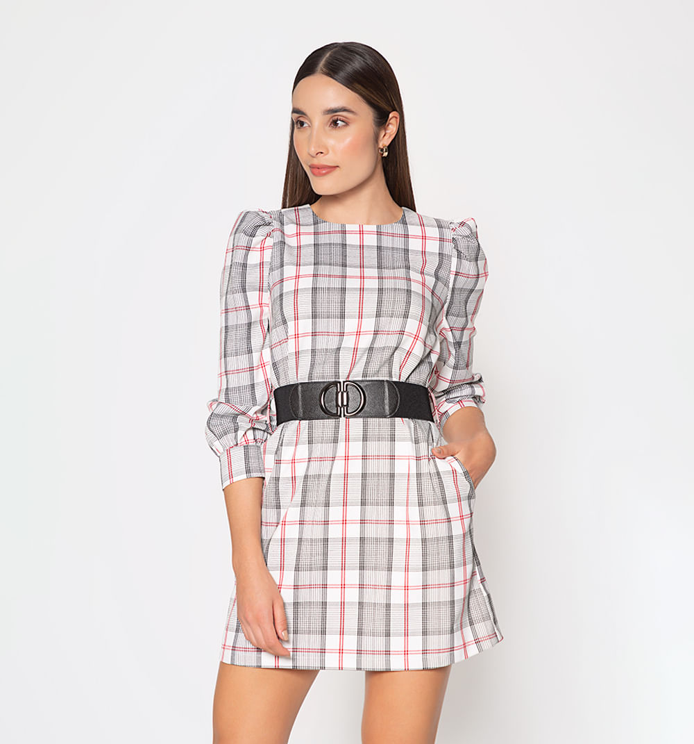 Vestido Linea A Manga 3/4 Cuadros