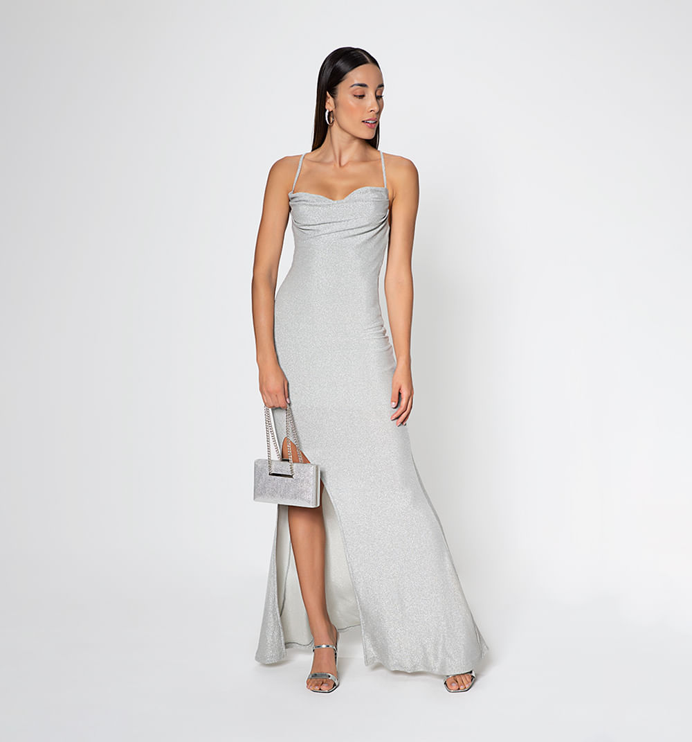 Vestido Largo Escote Drapeado Abertura L