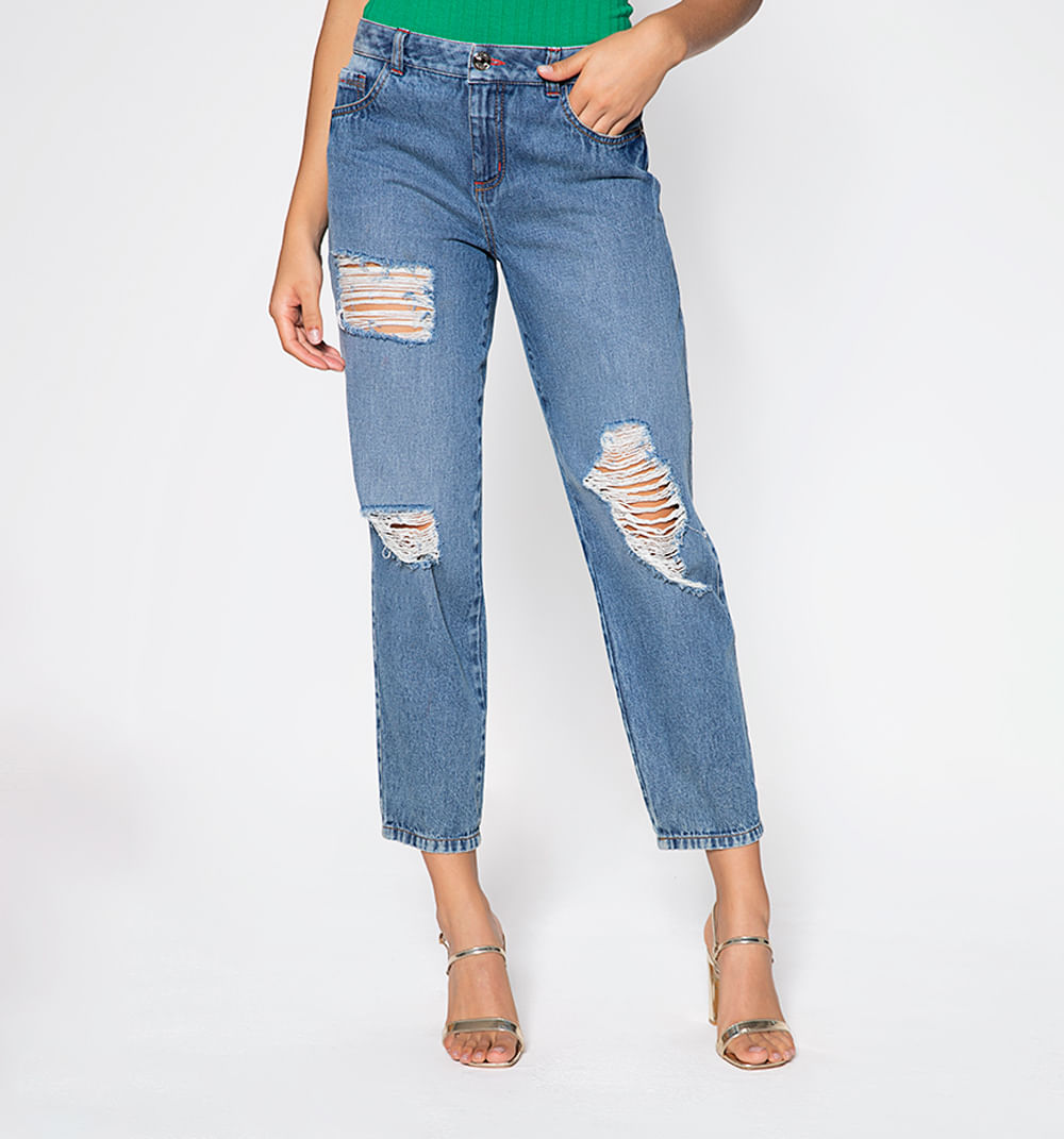 Jean Boyfriend Tiro Medio Con Rotos En F