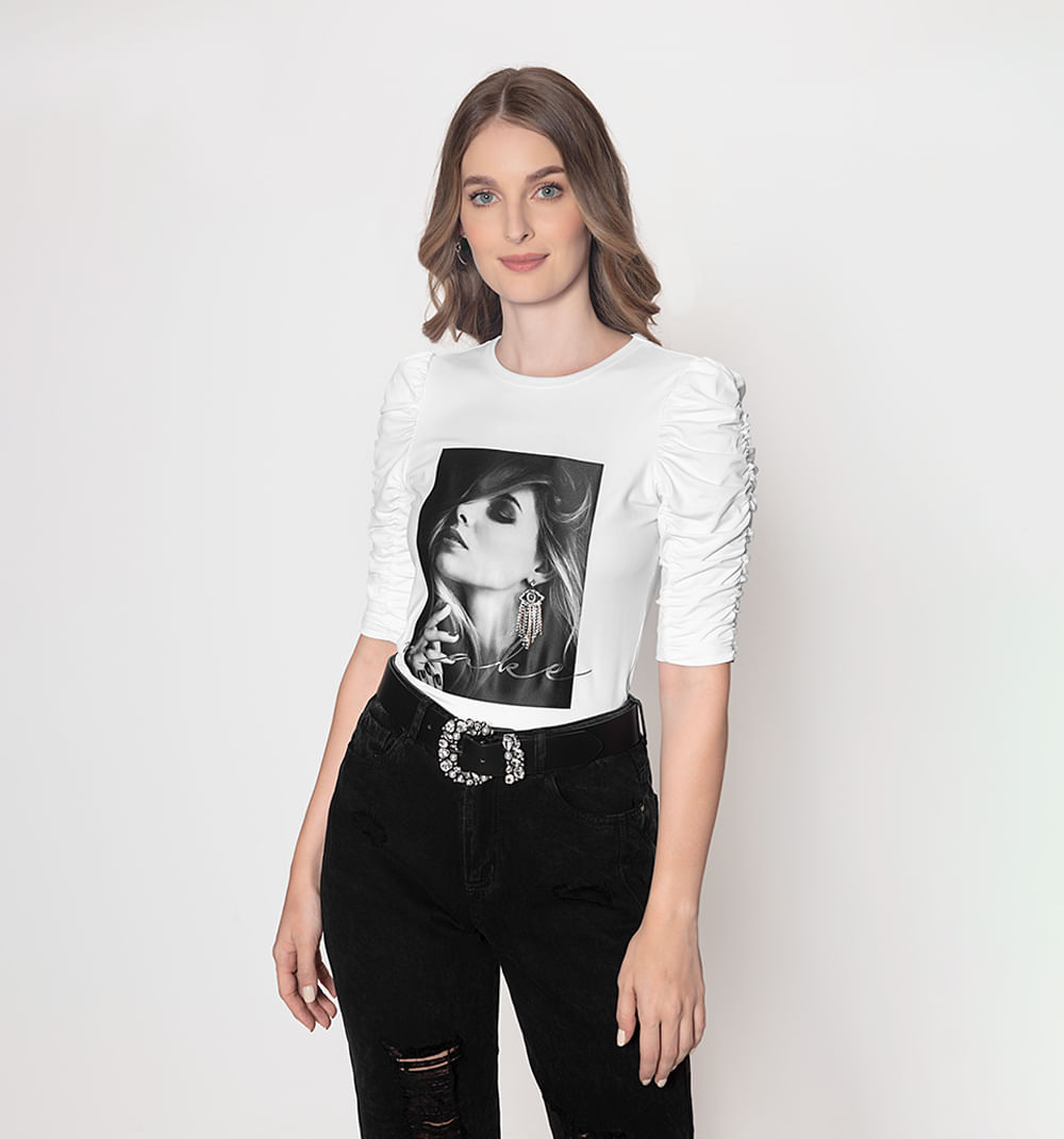Camiseta Estampada Con Aplique  Manga Co