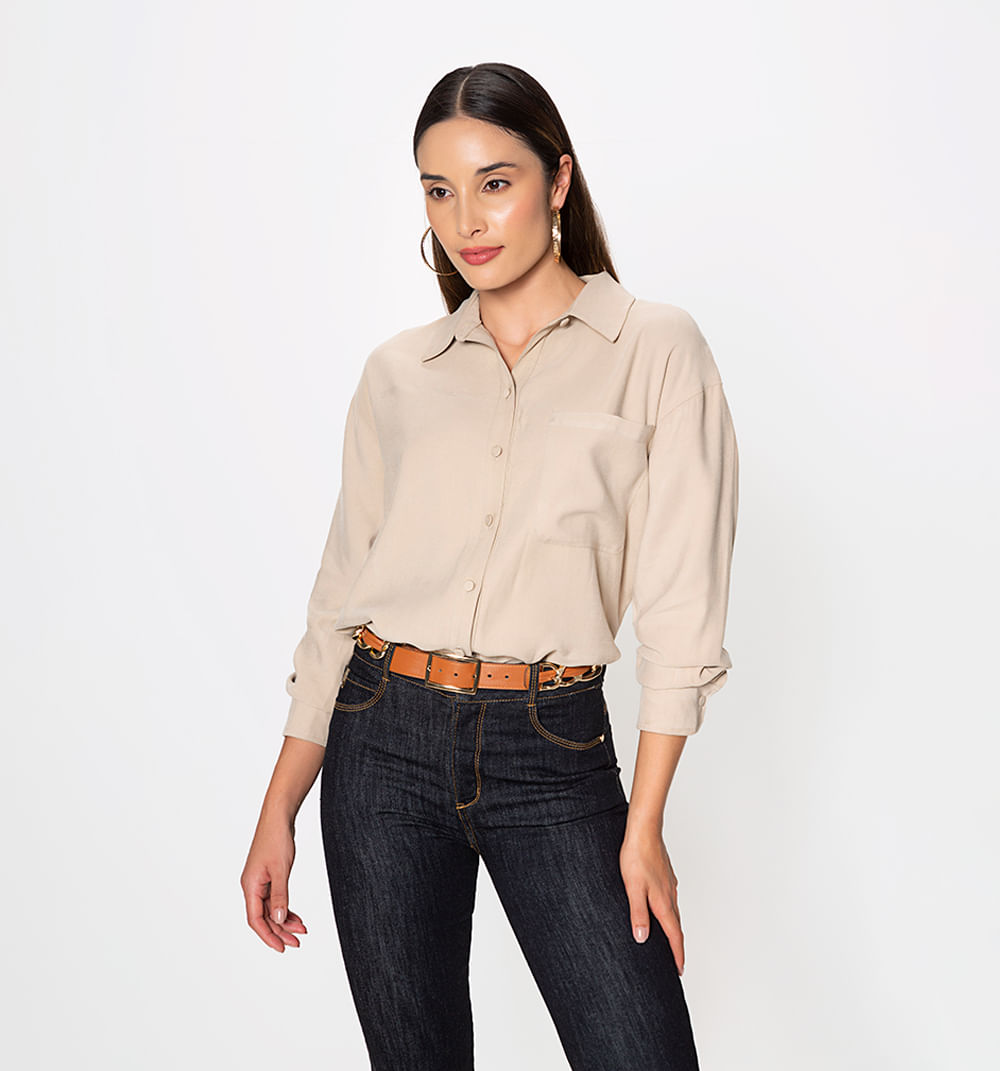 Blusa Camisera Manga Larga Con Bolsillo