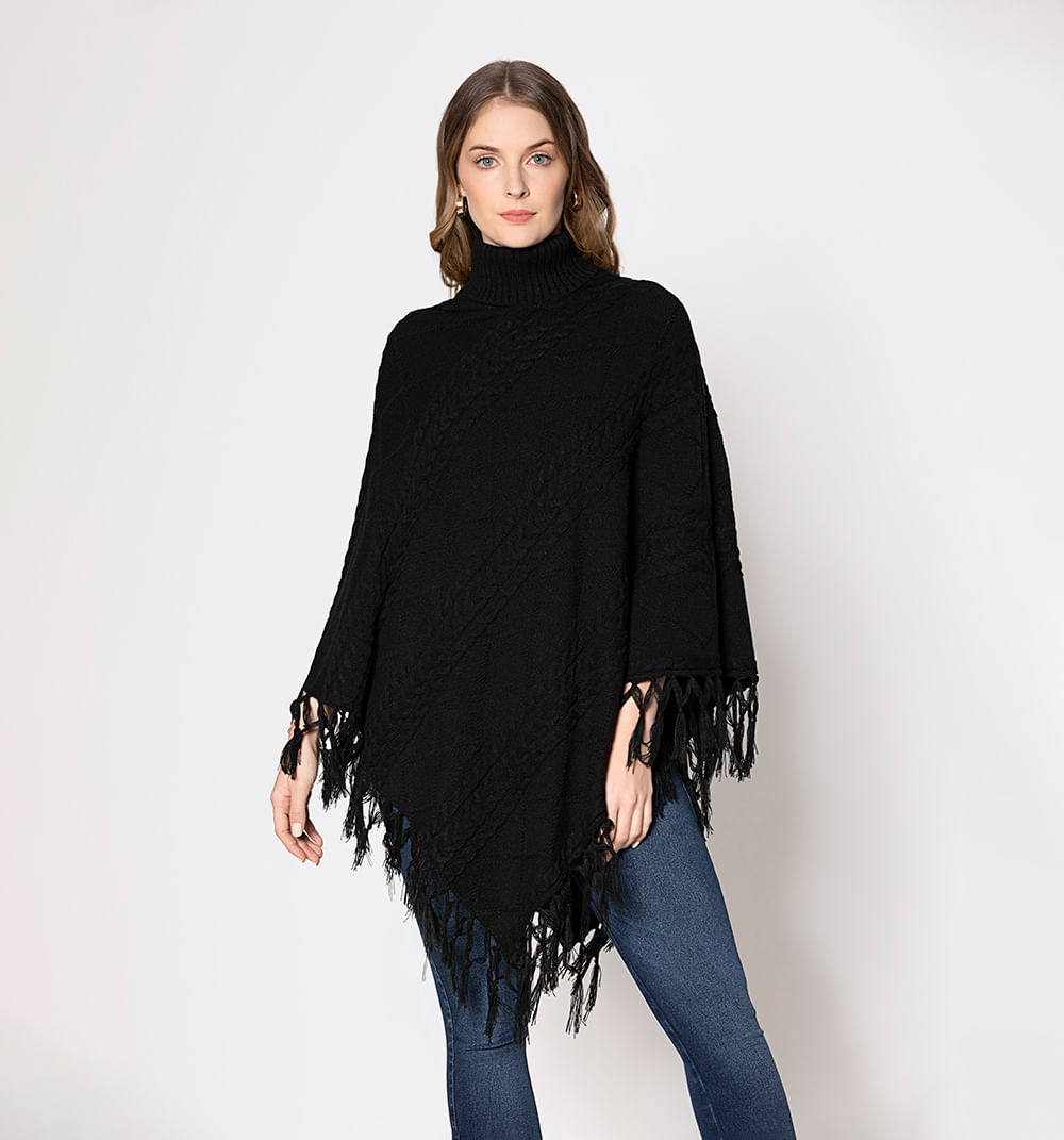 Poncho Tejido Tenzado Y Flecos