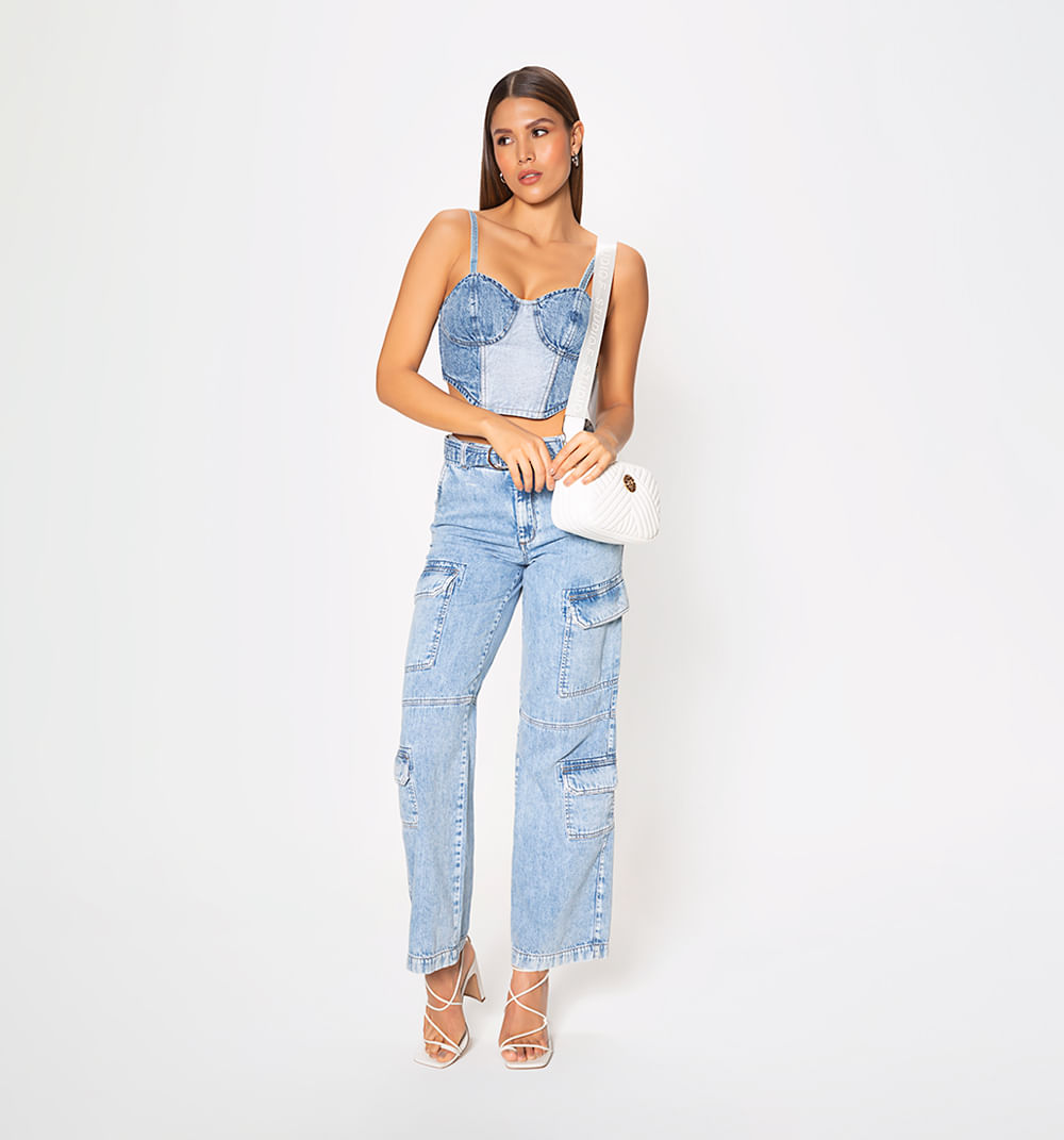 Blusa Crop Tiras, Copas, Bloque Denim
