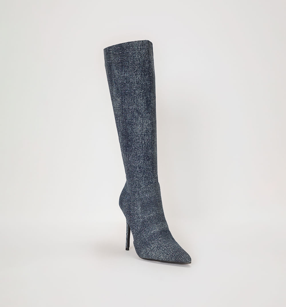 Bota Caña Alta En Denim Con Escarcha