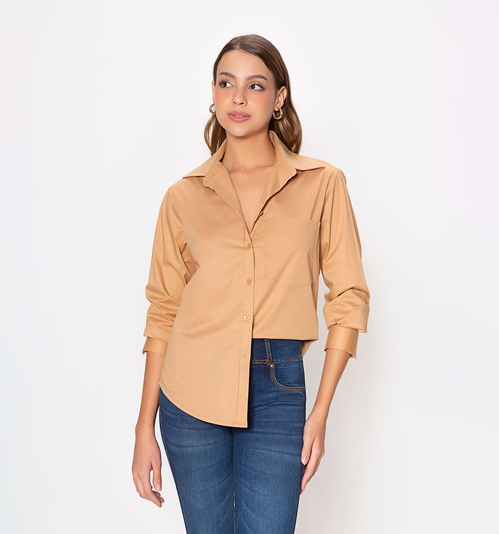 Blusa Camisera Manga Larga Con Bolsillo