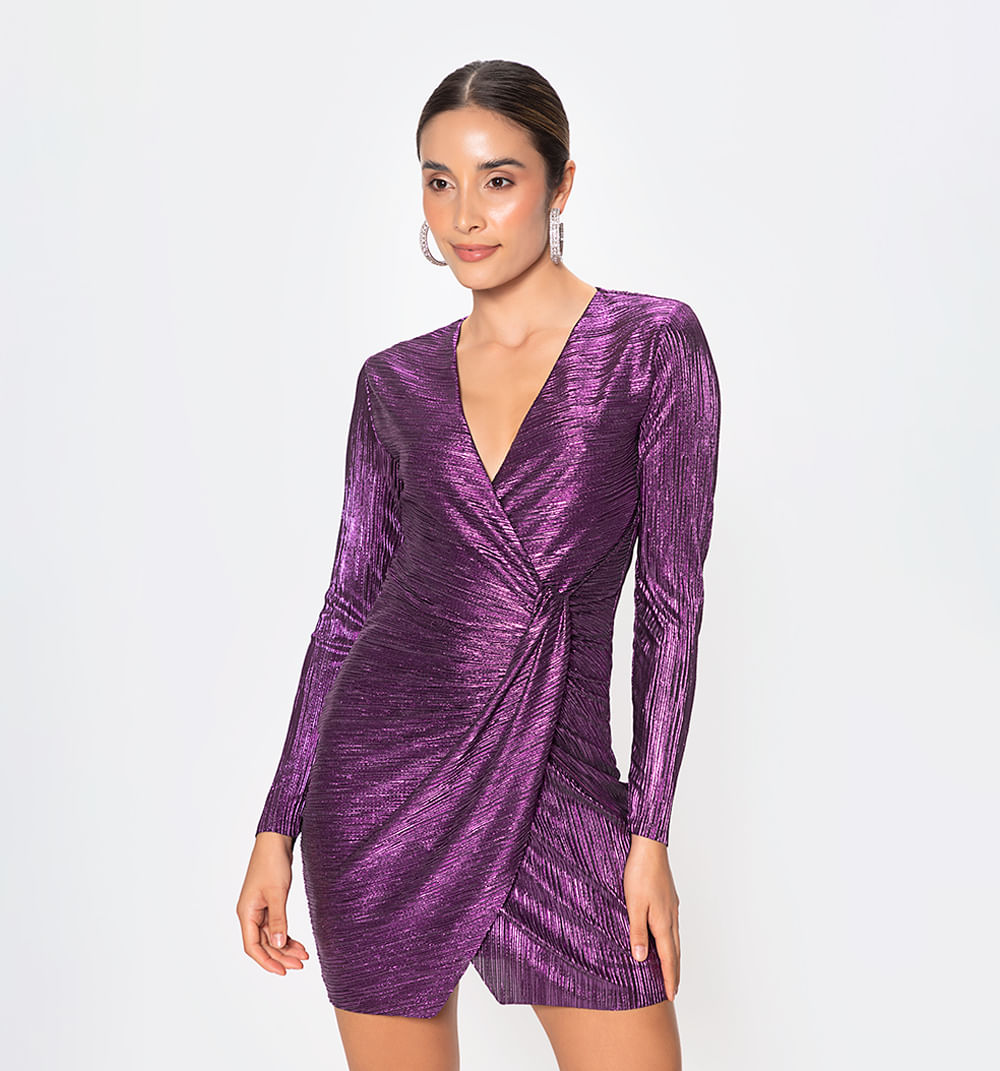 Vestido Corto Manga Larga Con Entorche