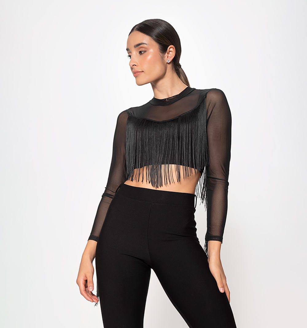 Blusa Manga Larga Tipo Crop Con Mesh Y F