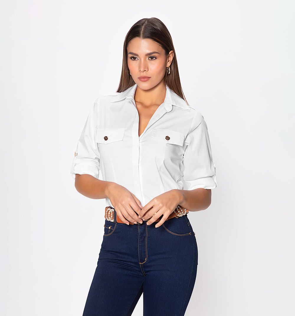 Blusa Camisera Con Bolsillos En Delanter