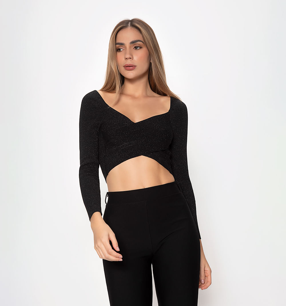 Crop Top Manga Larga En Rib Con Lurex
