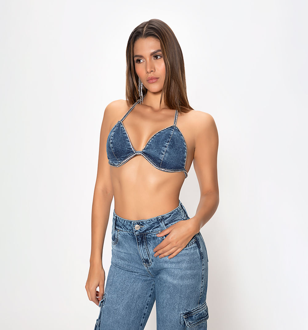 Crop Top Denim, Copas Y Tiras Con Crista