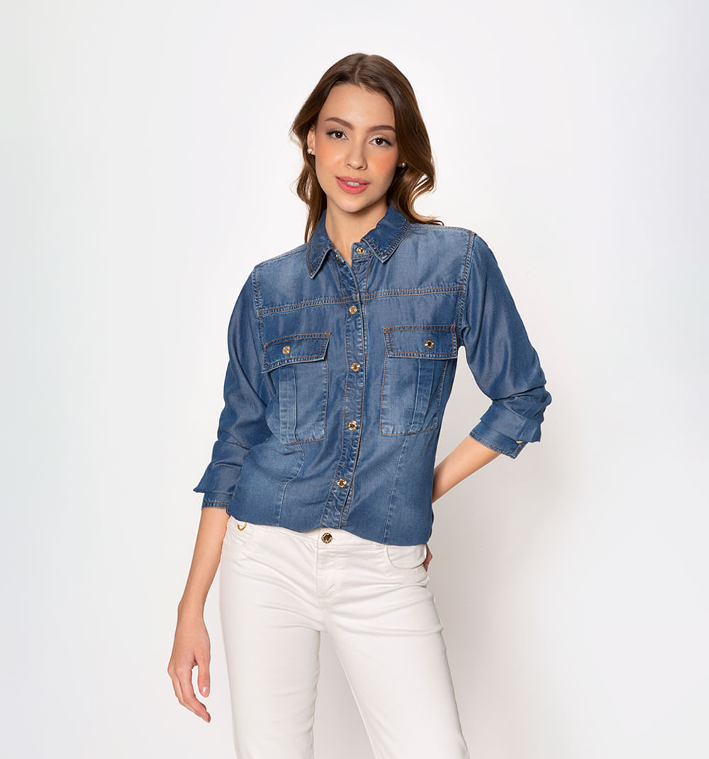 Blusa Camisera, Bolsillos Con Tapa Y Tab