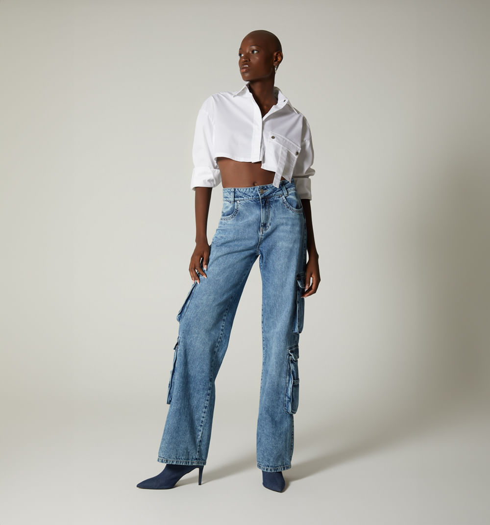 Crop Top Manga Larga  Bolsillo Con Tapa