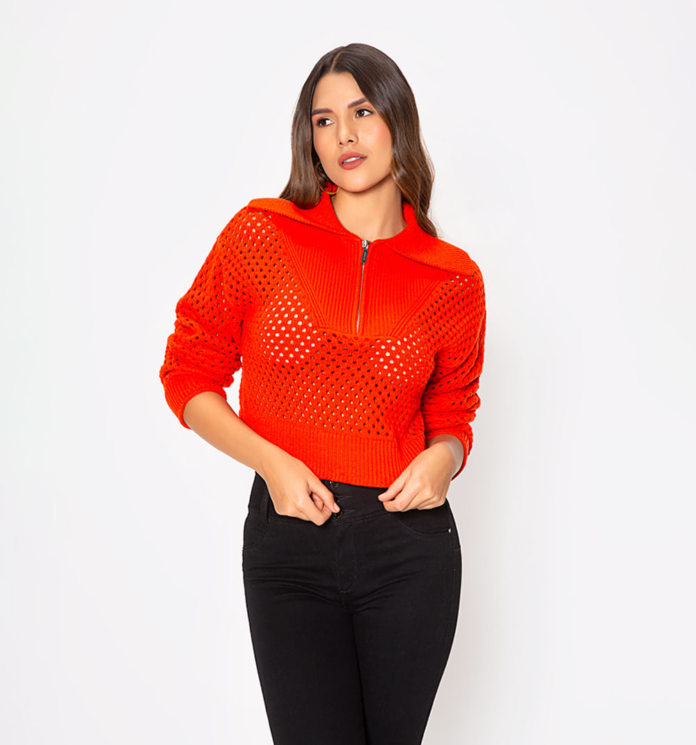 Sueter Tejido Crop Con Cierre Manga Larga