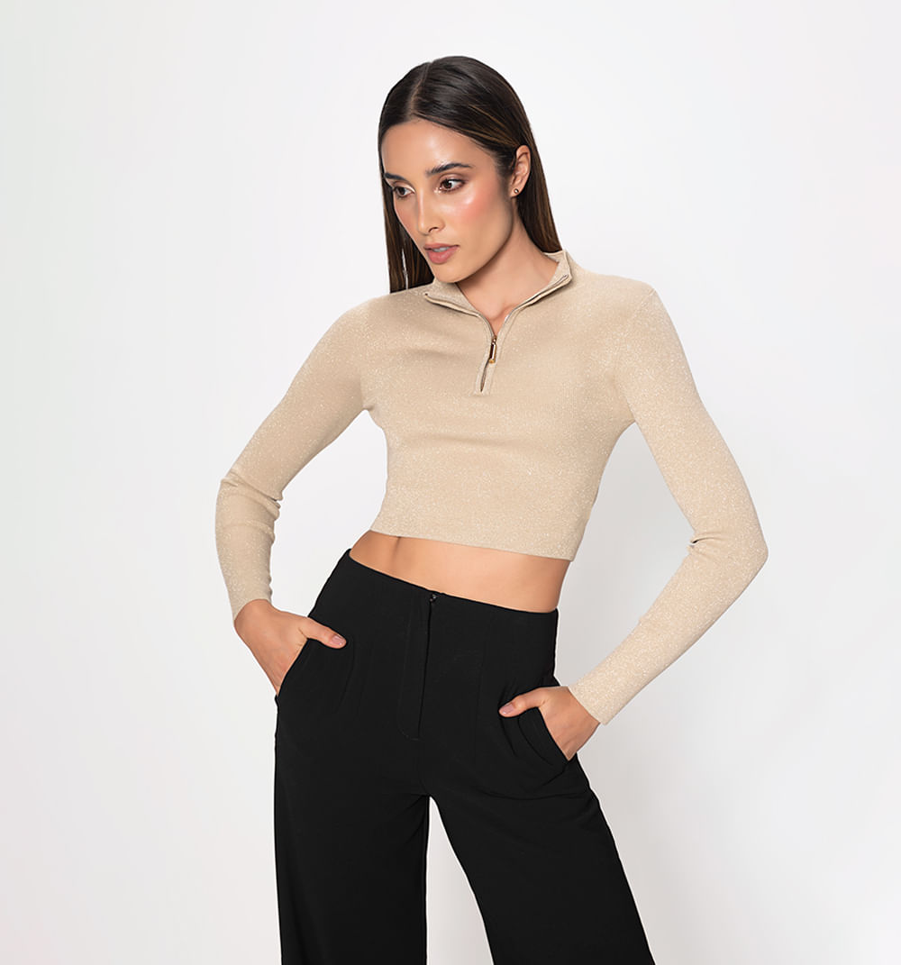 Blusa Tejida Lurex Crop Con Cierre