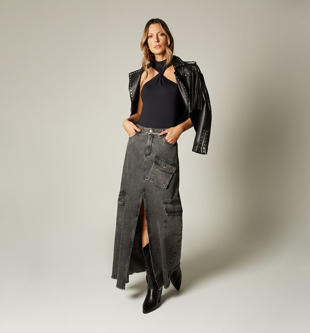 Falda Larga Indigo Con Abertura Delanter