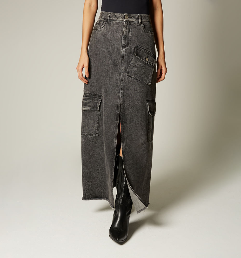 Falda Larga Indigo Con Abertura Delanter