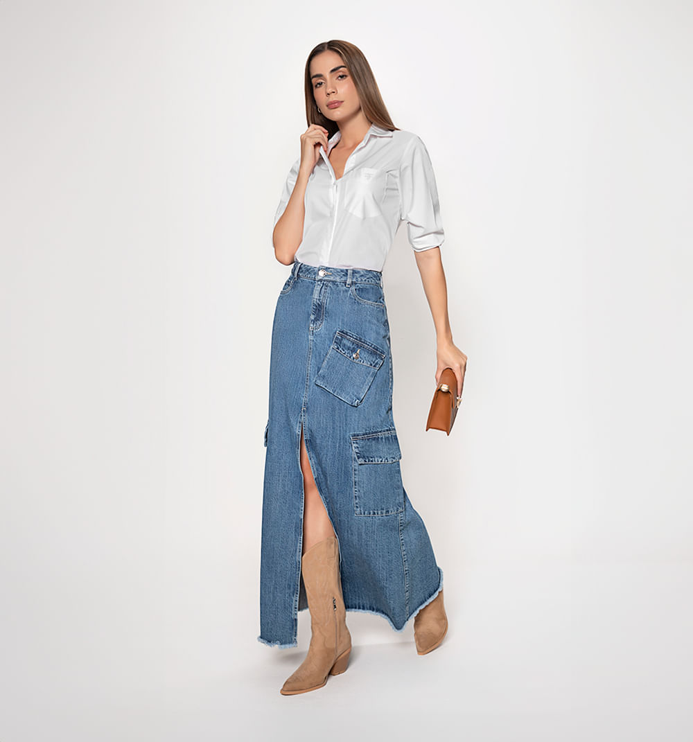 Falda Larga Indigo Con Abertura Delanter