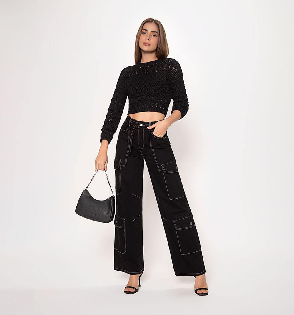 Jean Wide Leg, Tiro Alto, Bolsillos Util