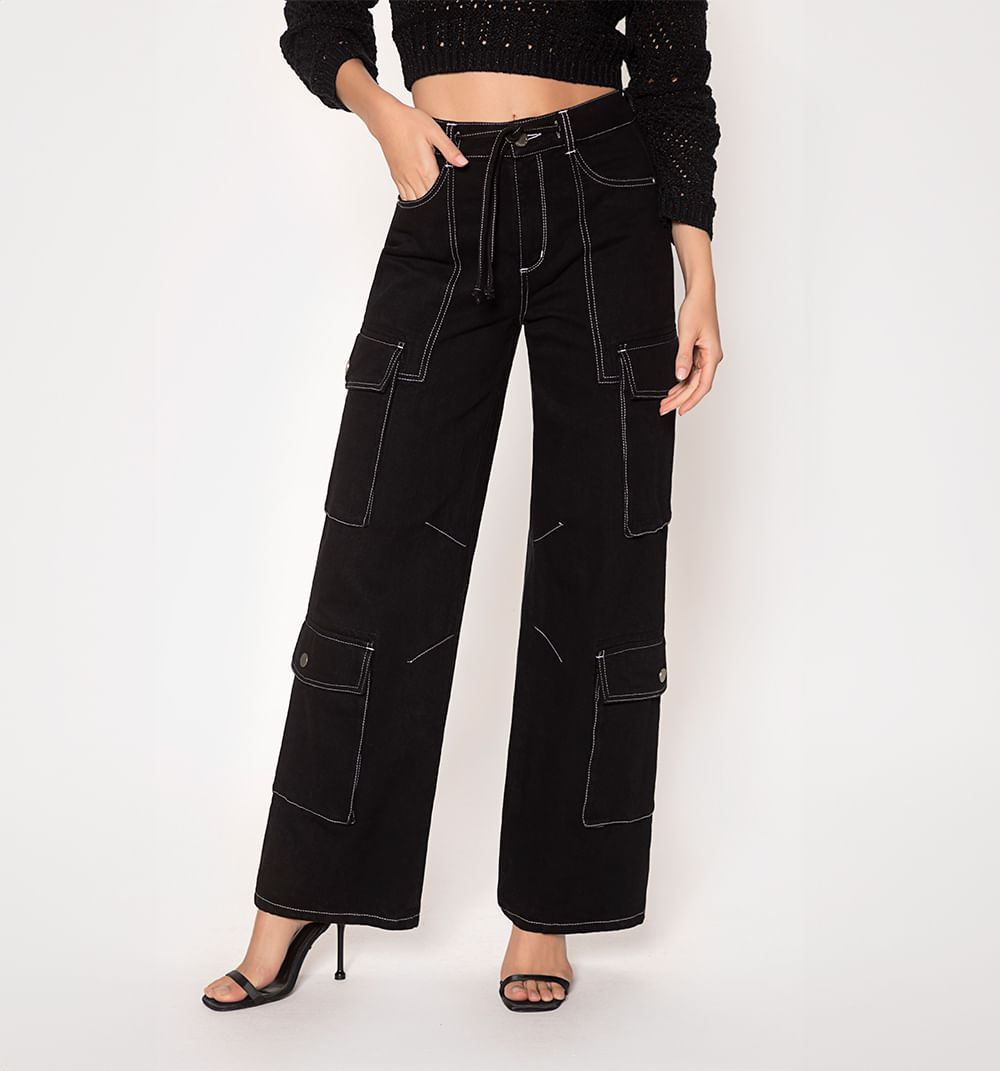 Jean Wide Leg, Tiro Alto, Bolsillos Util