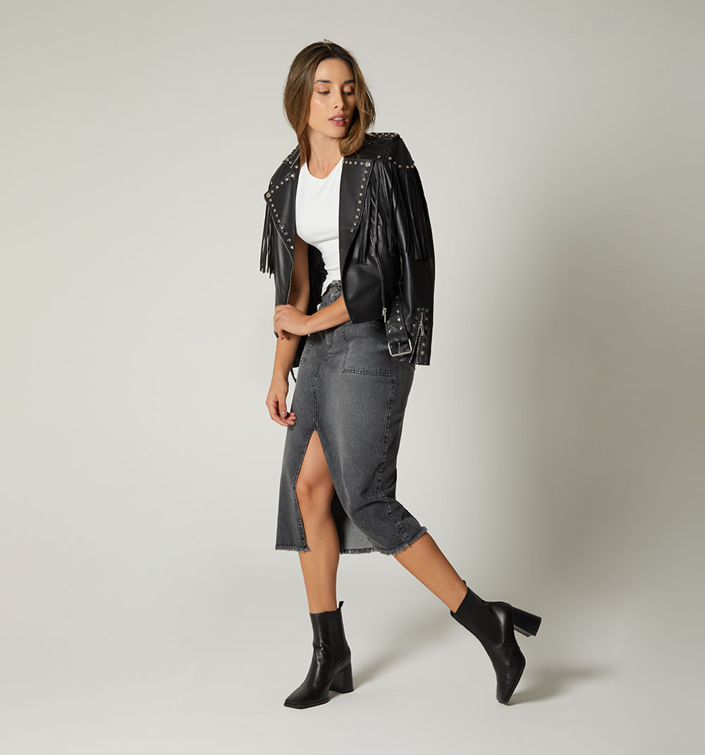 Chamarra Biker En Cuero Con Flecos Y Tac