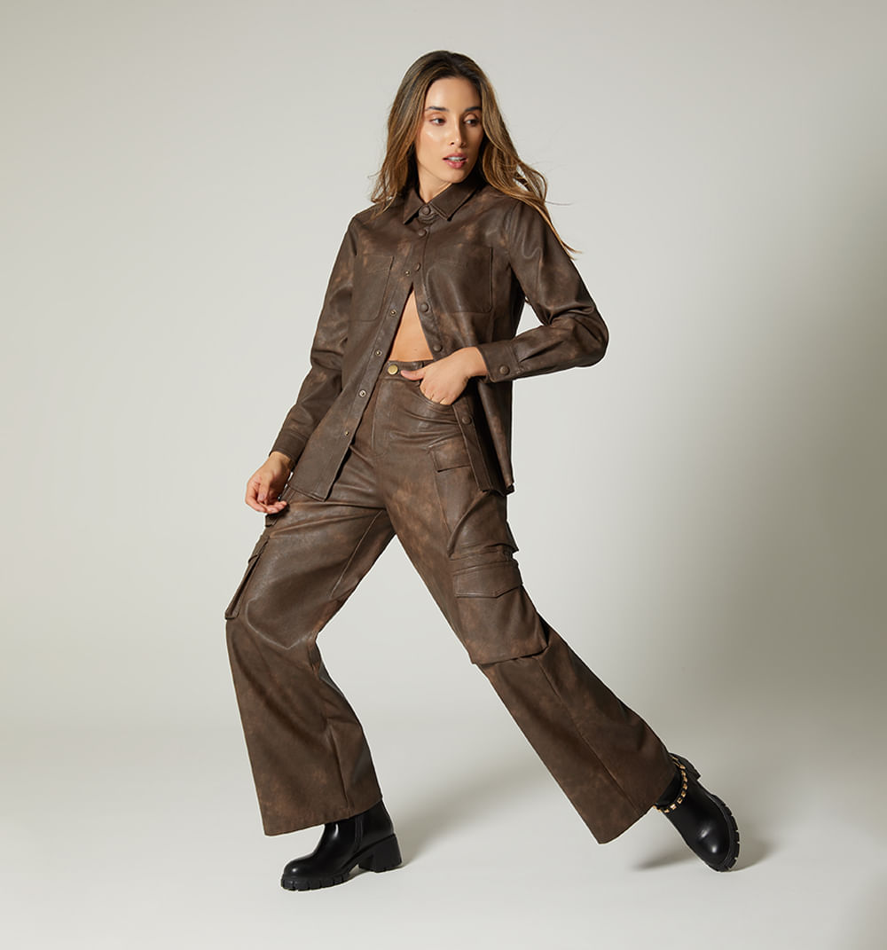 Pantalon Cargo En Pu Efecto Vintage