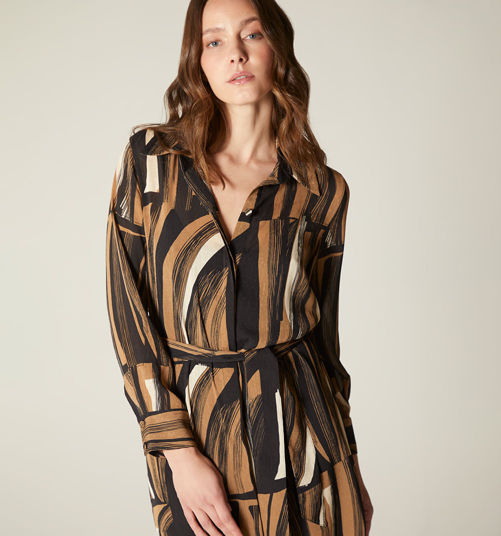 Vestido Camisero Manga Larga Con Cinturo