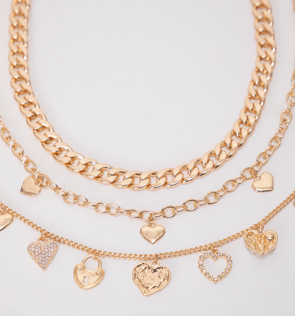 Collar Cadenas Y Corazones Set X3