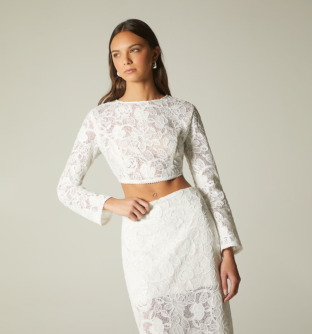 Conjutno De Blusa Crop Manga Larga Con F