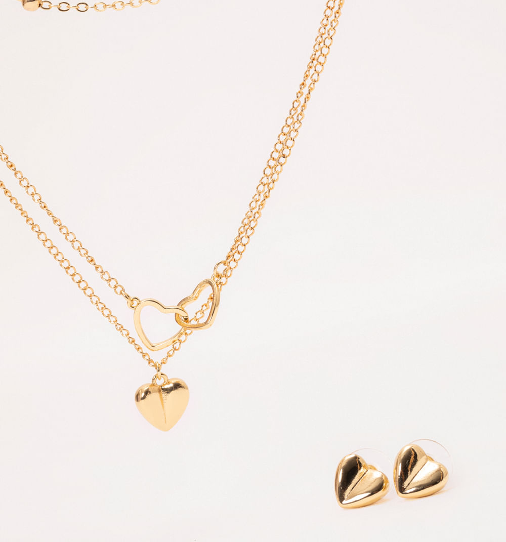 Collar Y Aretes Corazones Baño Oro Set X