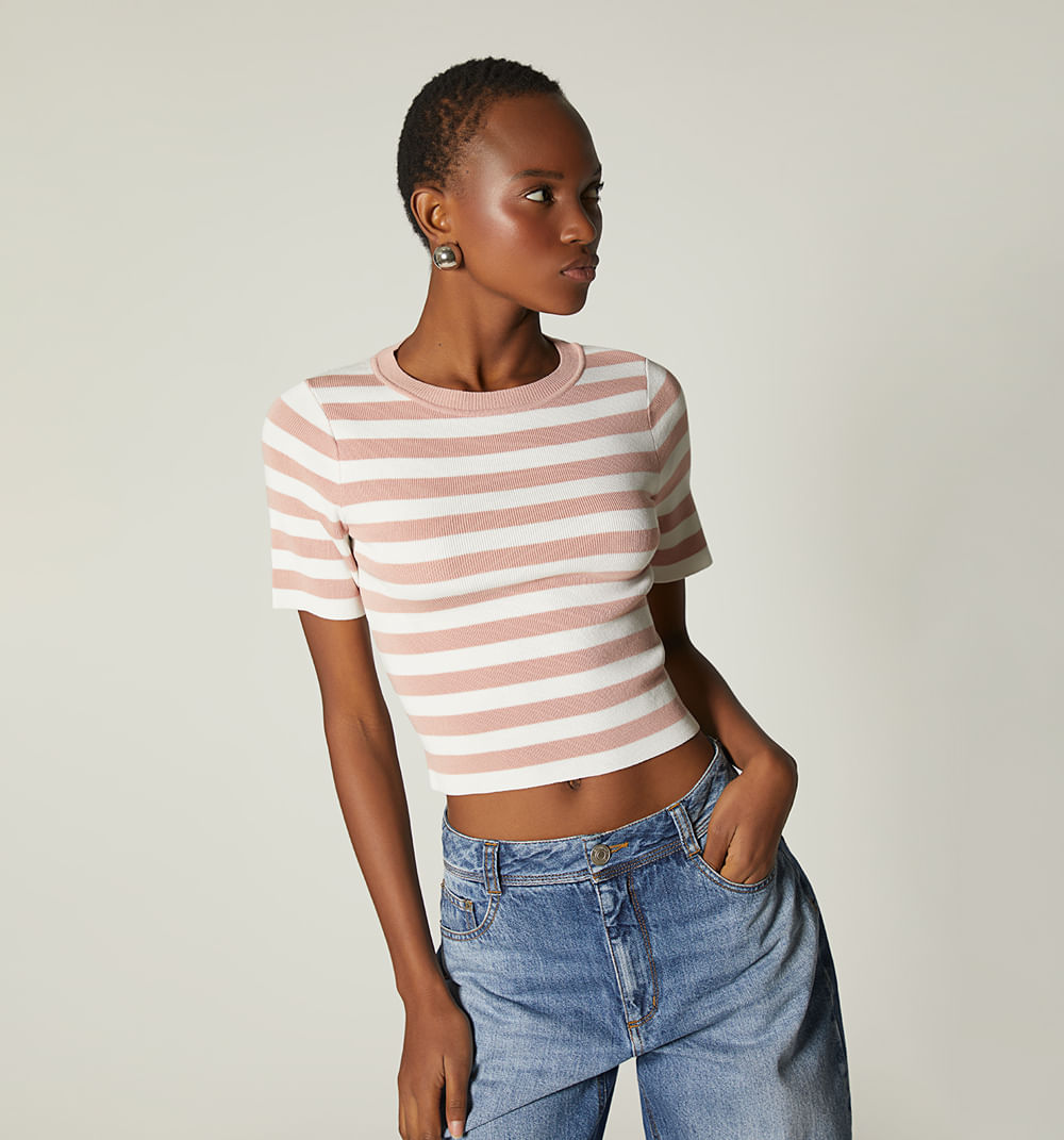 Blusa Manga Corta Tejida En Rayas