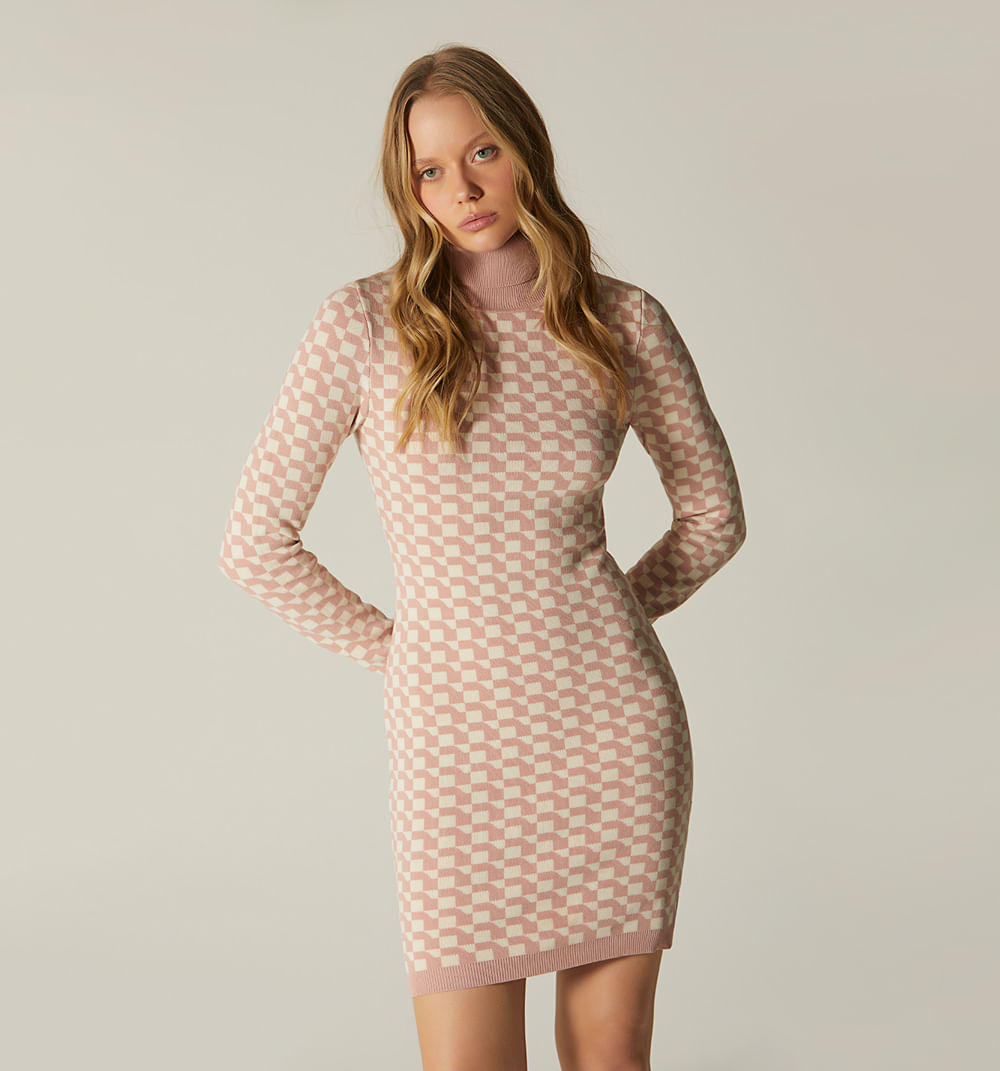 Vestido Manga Larga Cuello Alto Con Cier