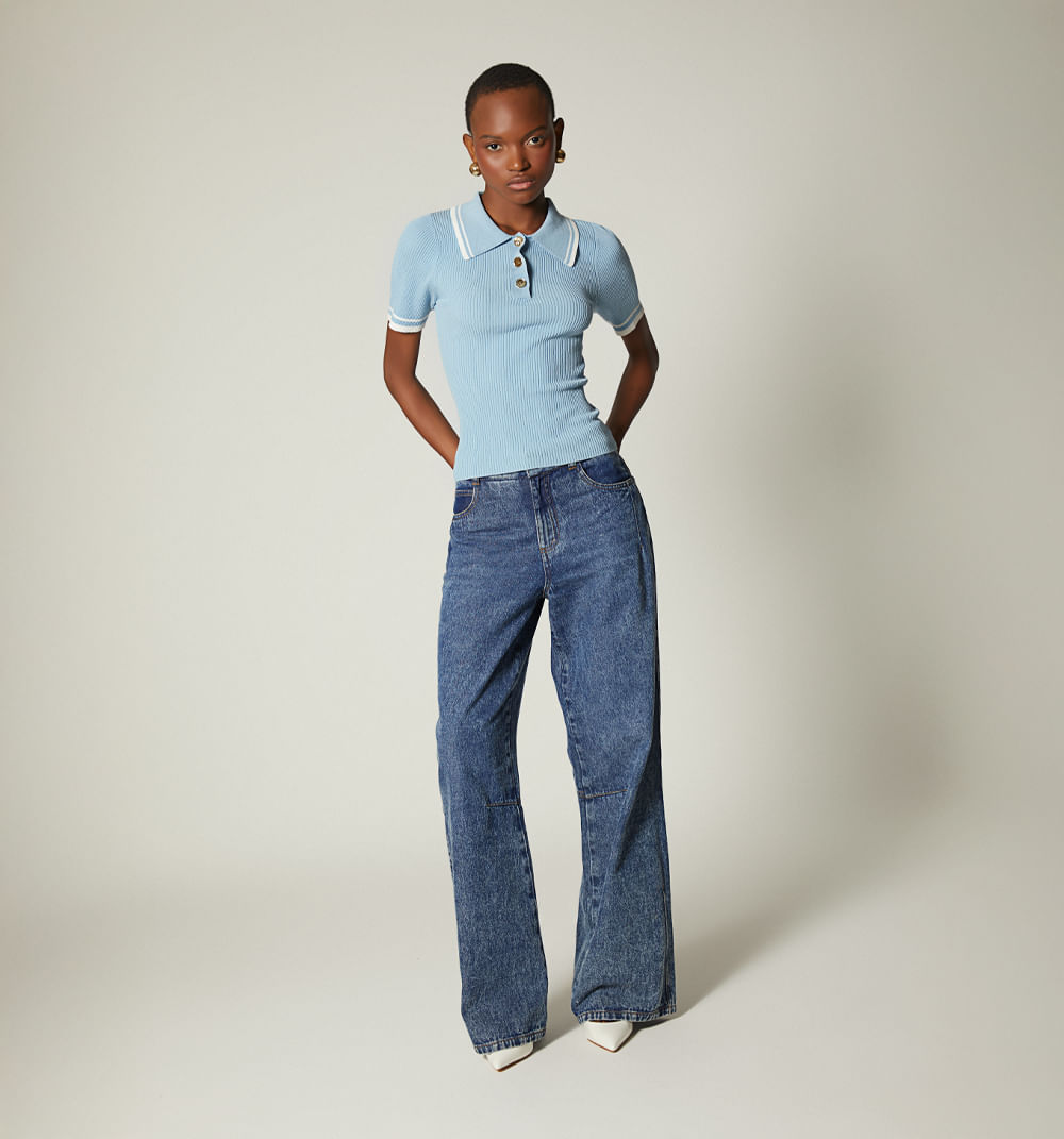 Blusa Tipo Polo Con Vivos En Manga Y Cue