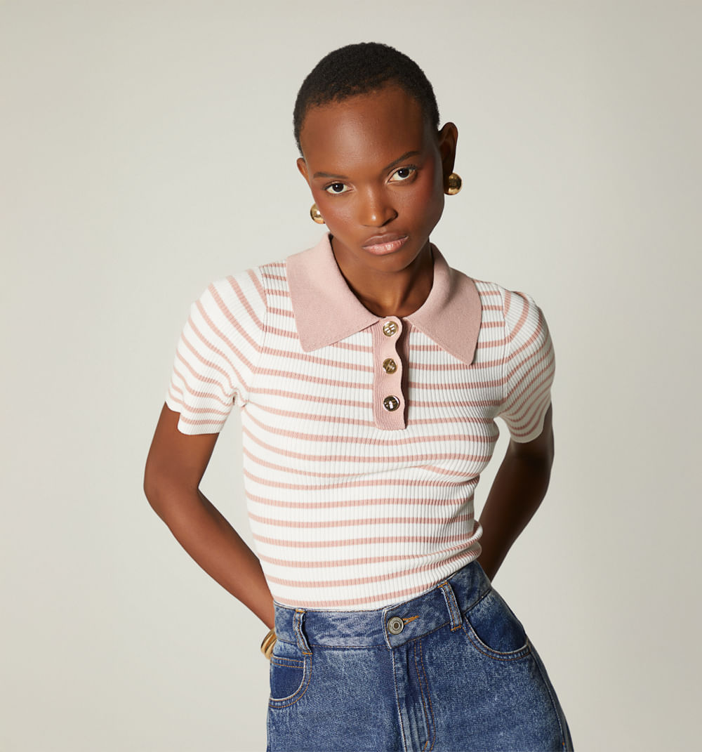 Blusa Tipo Polo Con Vivos En Manga Y Cue