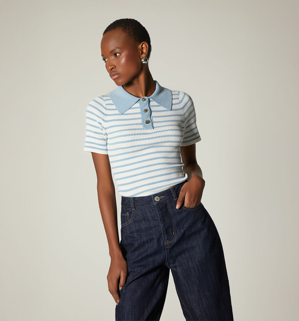 Blusa Tipo Polo Con Vivos En Manga Y Cue