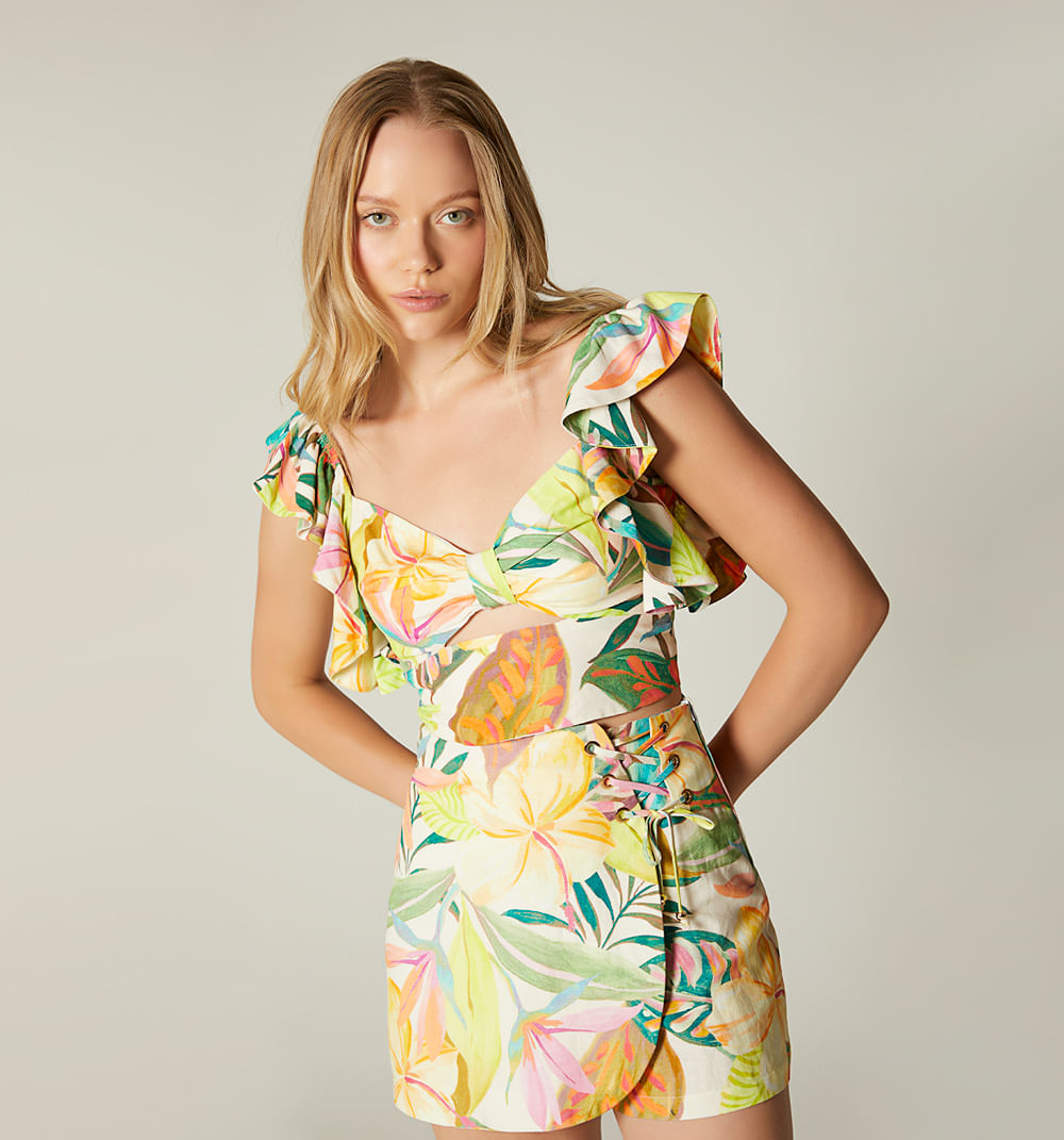 Blusa Manga Corta Con Boleros Y Cruce En