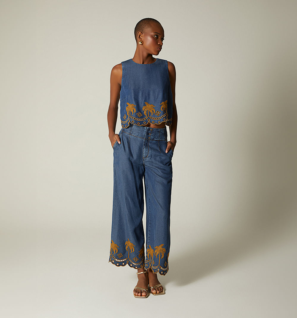 Jean Culotte Tiro Alto Bordado Para Muje