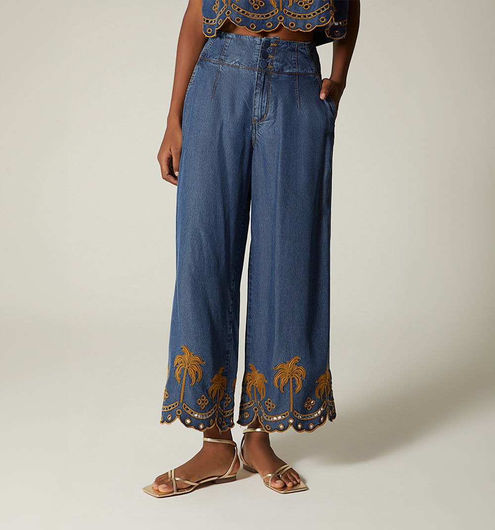 Jean Culotte Tiro Alto Bordado Para Muje