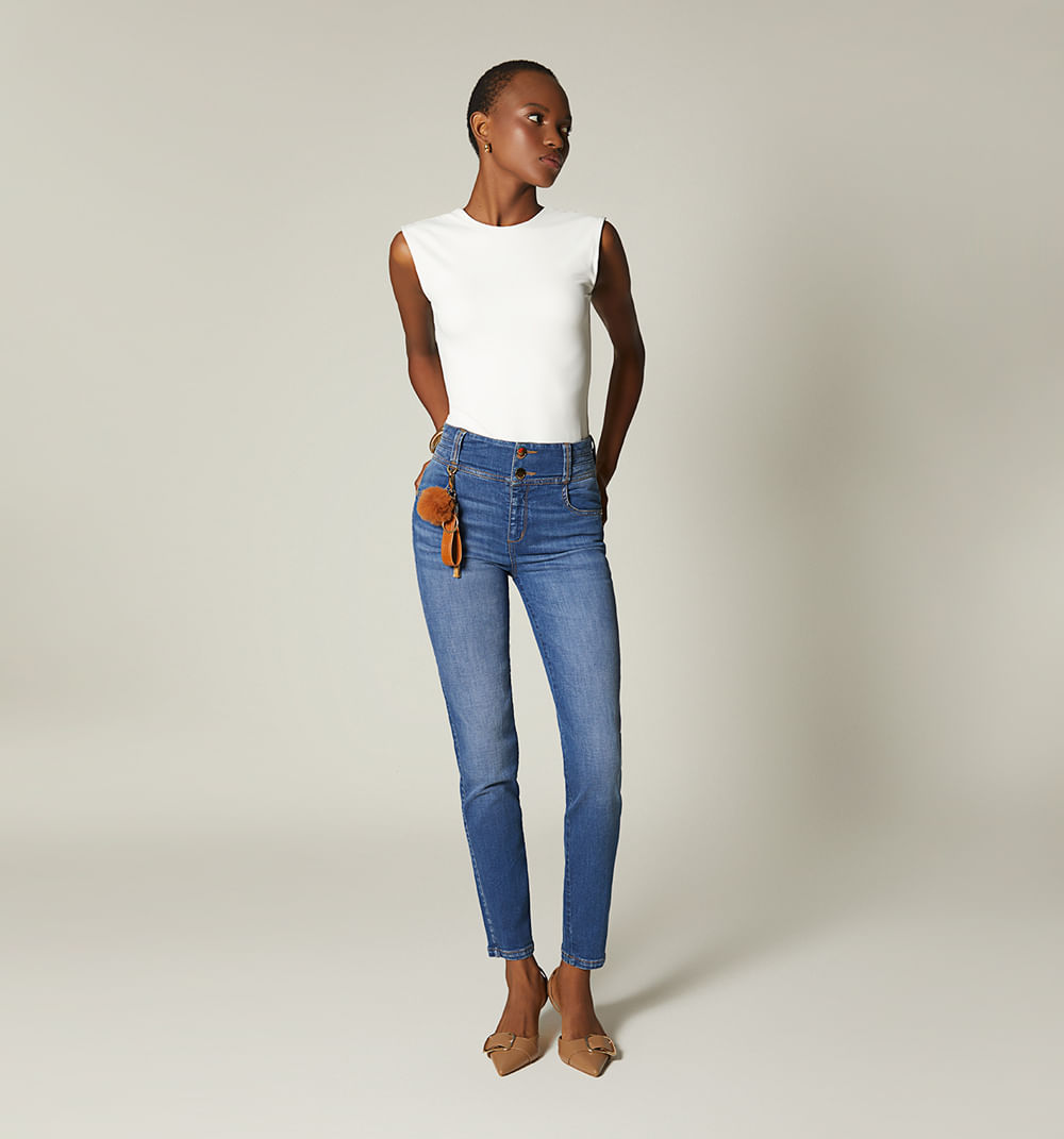 Jean Skinny Tiro Alto Con Borla