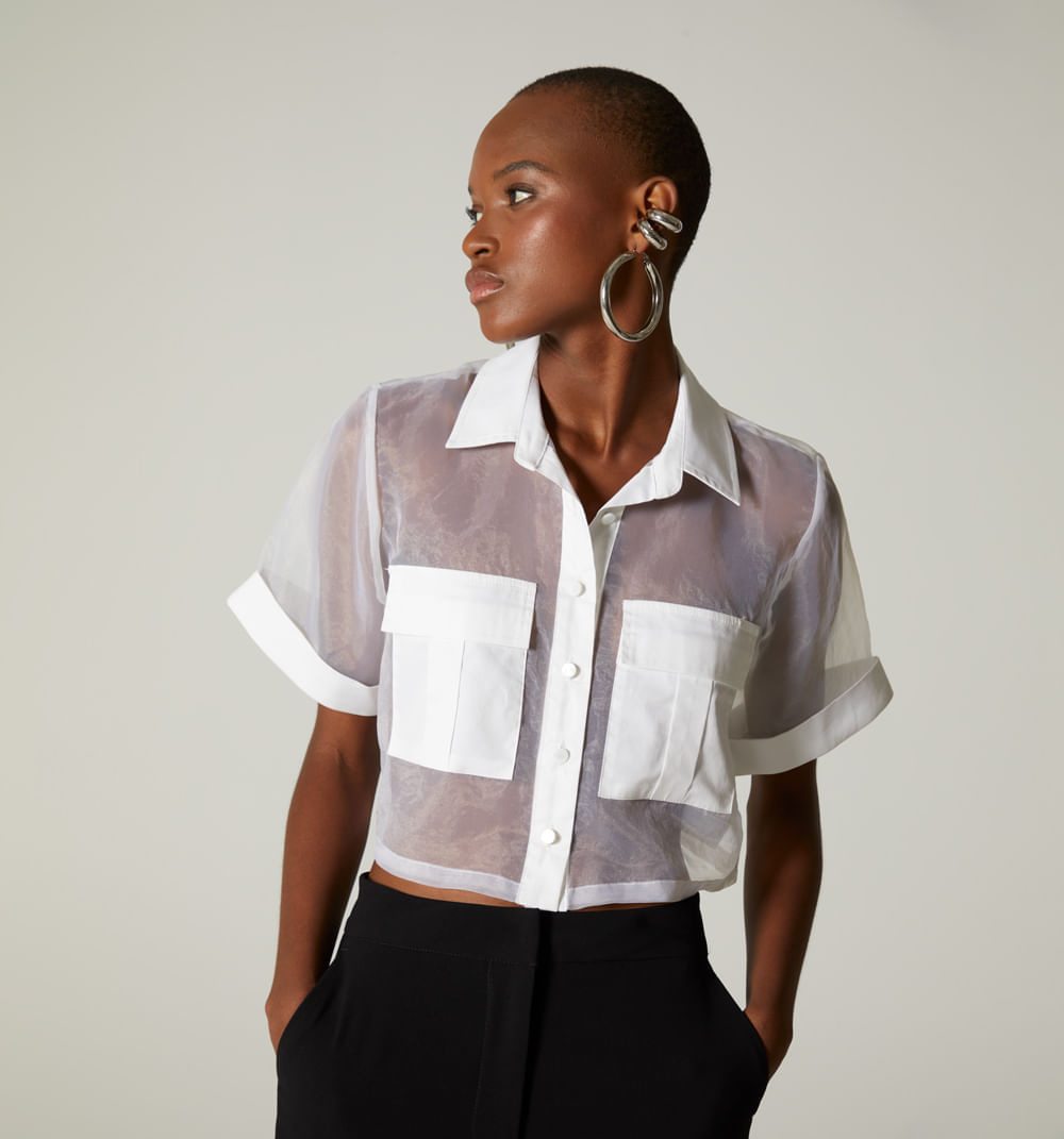 Blusa Manga Corta Combinada Con Organza