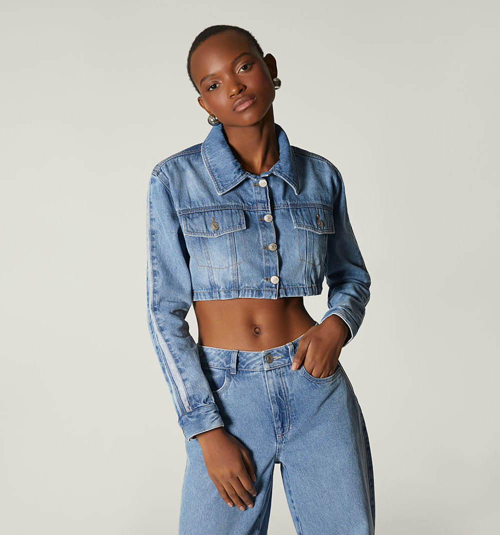 Chamarra Denim Corta Lineas En Mangas