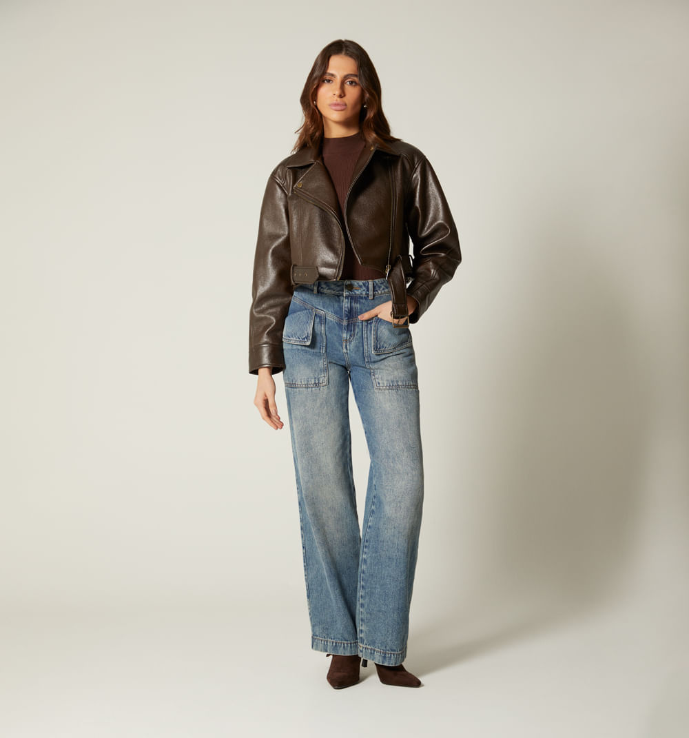 Chamarra Motera Cruzada Con Cinturon