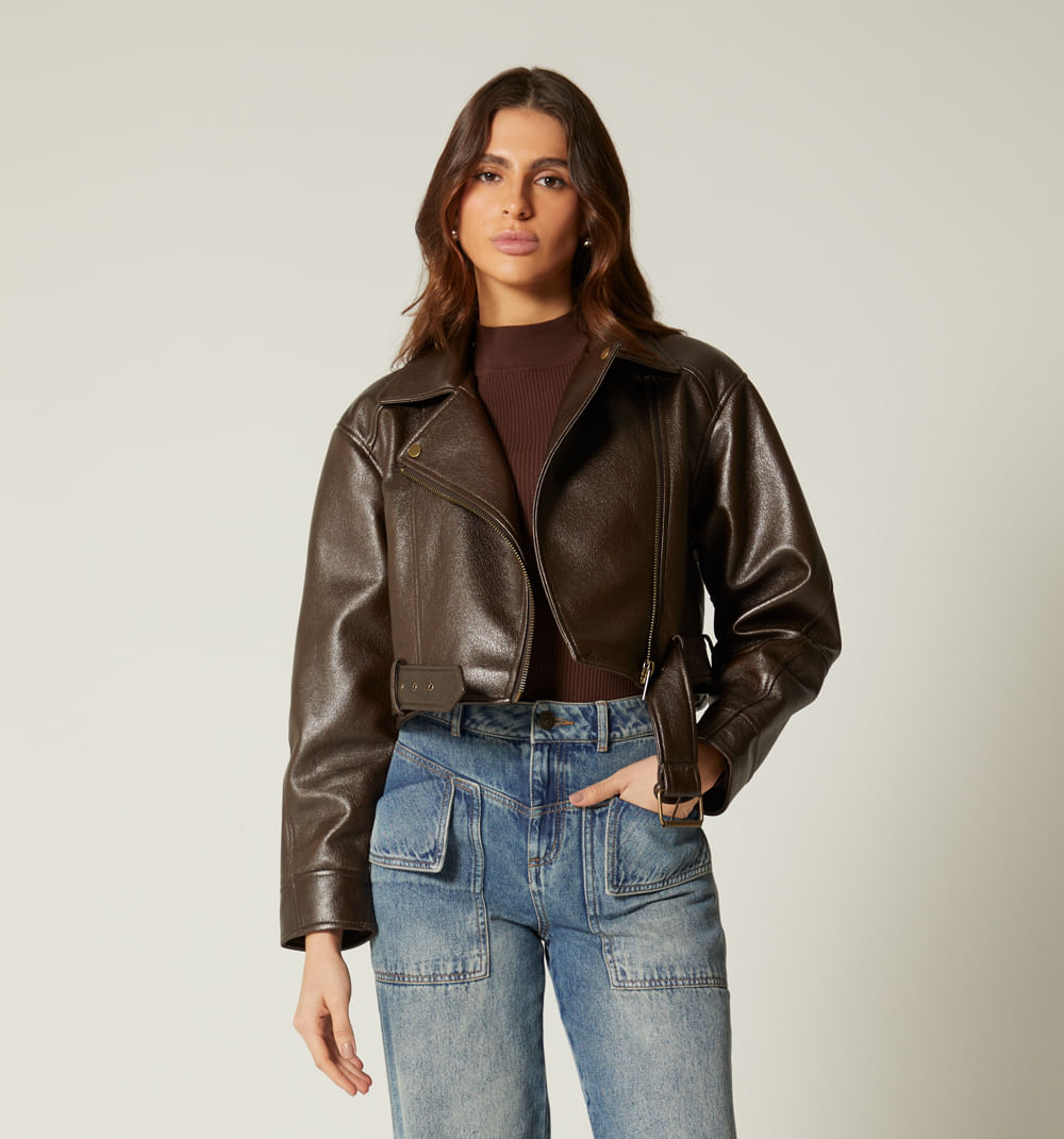 Chamarra Motera Cruzada Con Cinturon