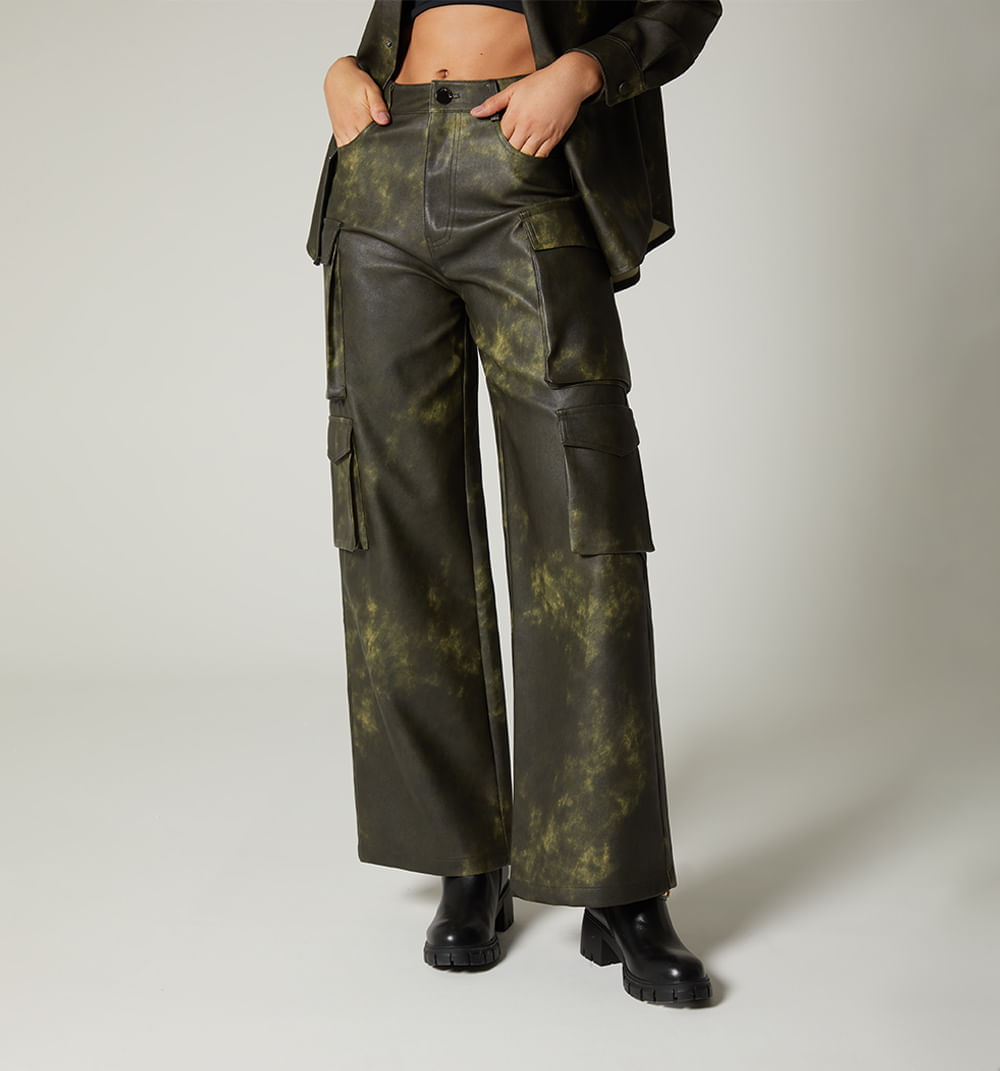 Pantalon Cargo En Pu Efecto Vintage